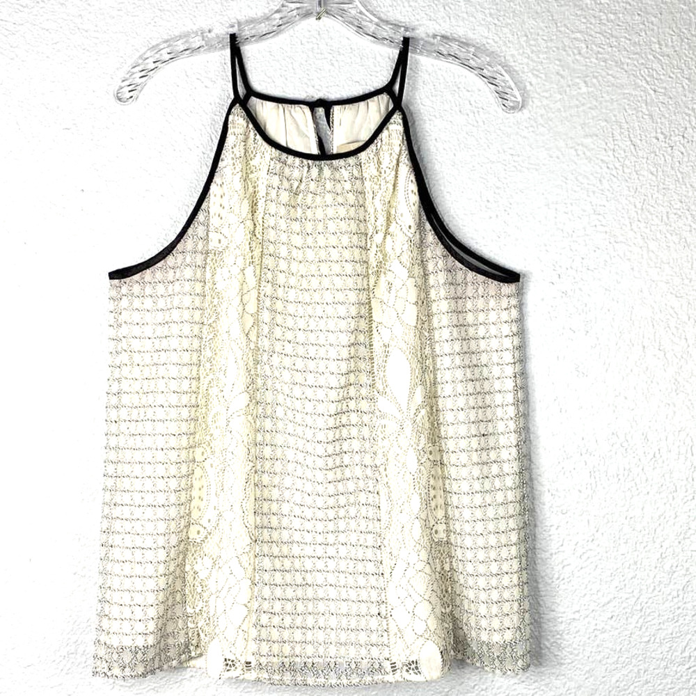 LOFT Top Womens Medium Black White Lace Tank Top Tie Back